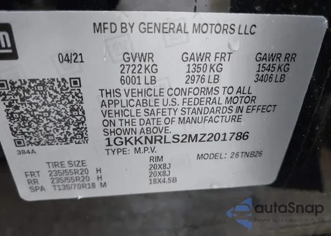 2021 GMC Acadia Awd Sle z USA, uszkodzony, nr VIN 1GKKNRLS2MZ201786